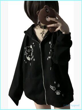 Oversized Y2K Zip Hoodie Cat Ears Graphic Streetwear Kawaii Jacket